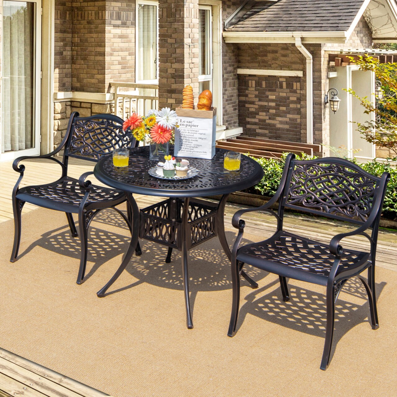 3Pcs Cast Aluminum Patio Bistro Set Outdoor Dining Table And Chair Furniture Set